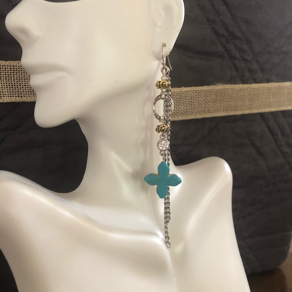 Two Tone Turquoise Cross Statement Dangle Earrings